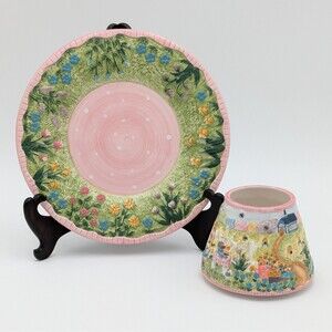 Yankee Candle Ceramic Jar Shade Under Plate Set Garden Rabbit Bees Spring Easter